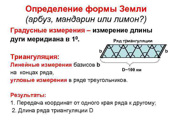 Определение формы Земли (арбуз, мандарин или лимон? ) Градусные измерения – измерение длины дуги