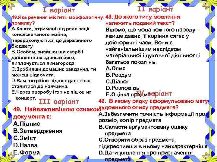 І варіант ІІ варіант 49. Яке речення містить морфологічну 49. До якого типу мовлення