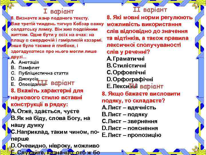І варіант ІІ варіант 8. Які мовні норми регулюють можливість використання слів відповідно до