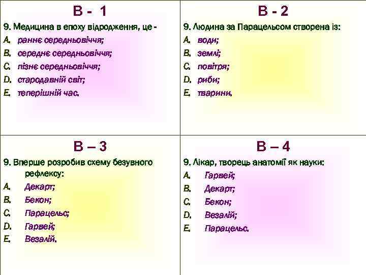 В- 1 9. Медицина в епоху відродження, це A. раннє середньовіччя; B. середнє середньовіччя;