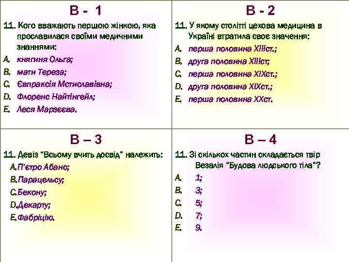 В- 1 11. Кого вважають першою жінкою, яка прославилася своїми медичними знаннями: A. княгиня