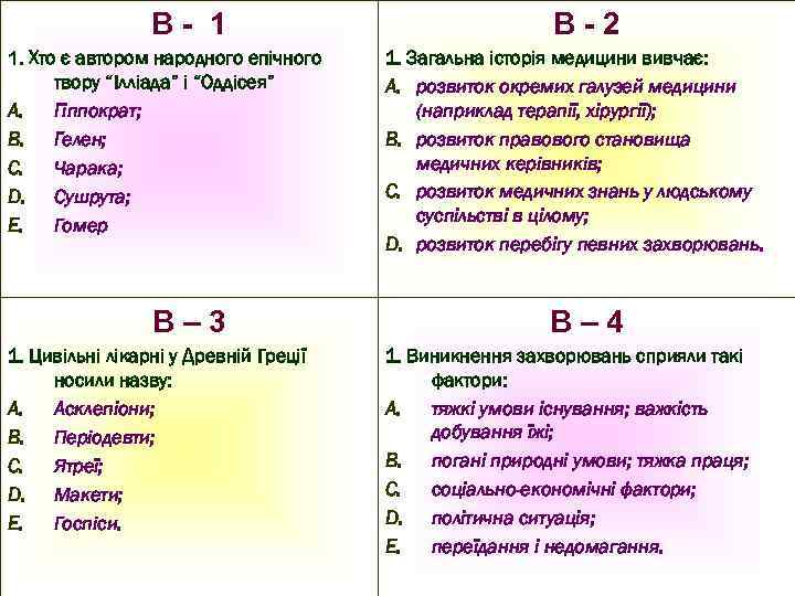 В- 1 1. Хто є автором народного епічного твору “Ілліада” і “Оддісея” A. Гіппократ;