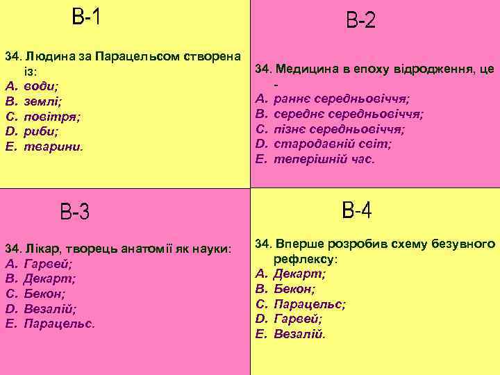 34. Людина за Парацельсом створена із: A. води; B. землі; C. повітря; D. риби;