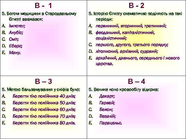 В- 1 5. Богом медицини в Стародавньому Єгипті вважався: A. Імпотег; B. Анубіс; C.