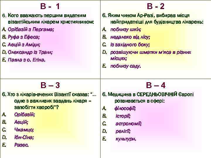 В- 1 6. Кого вважають першим видатним візантійським лікарем християнином: A. Орібазій з Пергама;