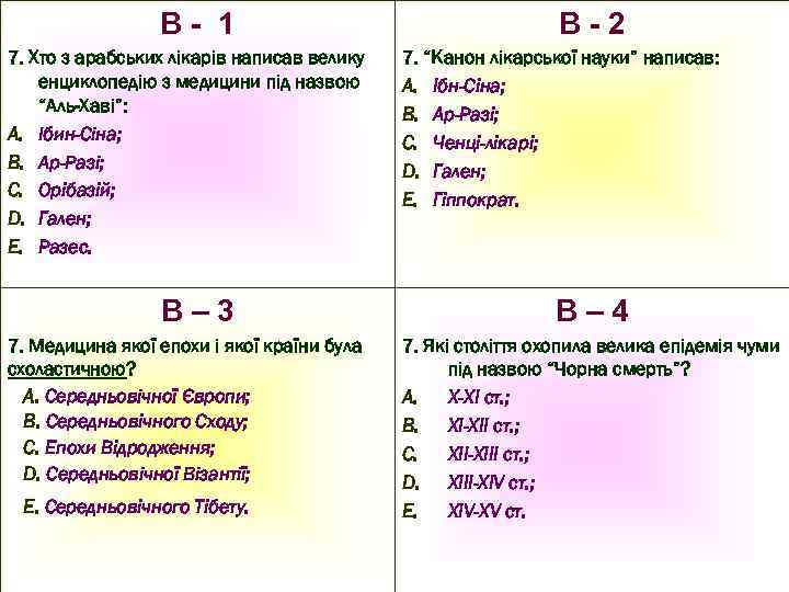 В- 1 7. Хто з арабських лікарів написав велику енциклопедію з медицини під назвою