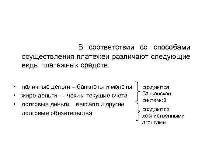 В соответствии со способами осуществления платежей различают следующие виды платежных средств: • наличные деньги