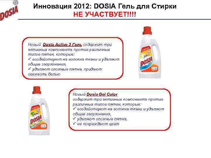 Инновация 2012: DOSIA Гель для Стирки НЕ УЧАСТВУЕТ!!!! Новый Dosia Active 3 Гель содержит