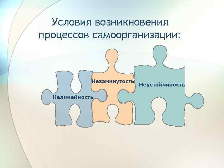 Условия возникновения процессов самоорганизации: Незамкнутость Нелинейность Неустойчивость 