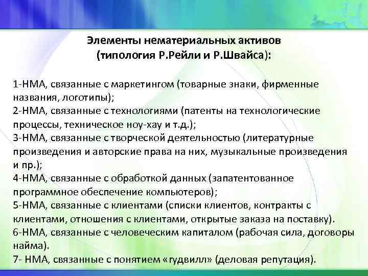  Элементы нематериальных активов (типология Р. Рейли и Р. Швайса): 1 -НМА, связанные с