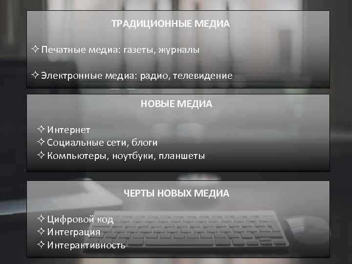 ТРАДИЦИОННЫЕ МЕДИА ² Печатные медиа: газеты, журналы ² Электронные медиа: радио, телевидение НОВЫЕ МЕДИА