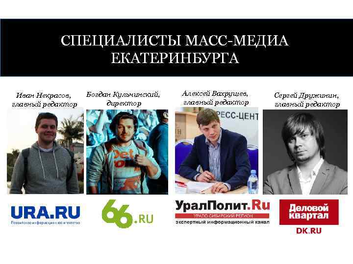 СПЕЦИАЛИСТЫ МАСС-МЕДИА ЕКАТЕРИНБУРГА Иван Некрасов, главный редактор Богдан Кульчинский, директор Алексей Вахрушев, главный редактор