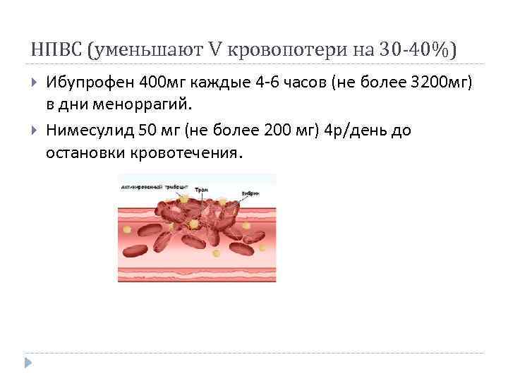 НПВС (уменьшают V кровопотери на 30 -40%) Ибупрофен 400 мг каждые 4 -6 часов