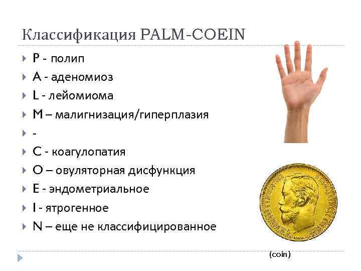 Классификация PALM-COEIN P - полип A - аденомиоз L - лейомиома M – малигнизация/гиперплазия