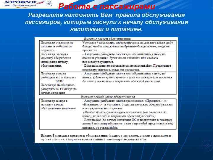 Работа с пассажирами Разрешите напомнить Вам правила обслуживания пассажиров, которые заснули к началу обслуживания