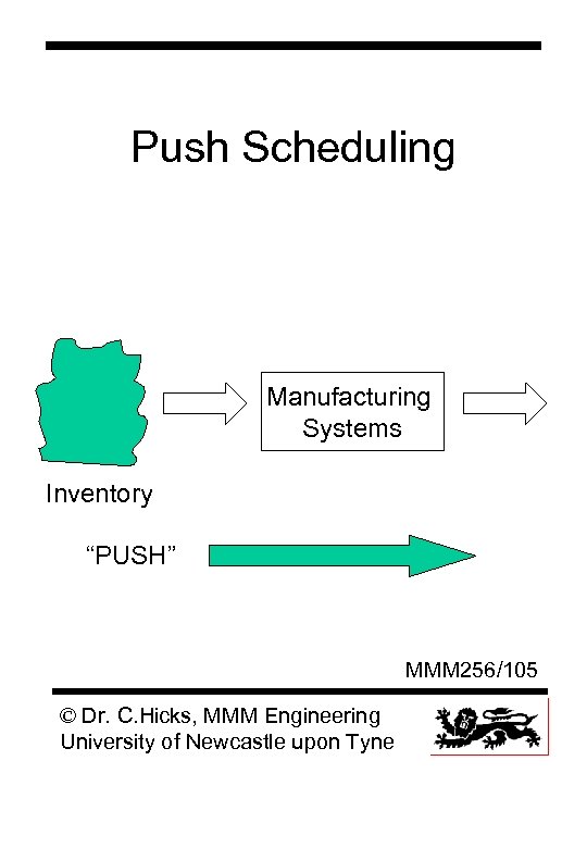 Push Scheduling Manufacturing Systems Inventory “PUSH” MMM 256/105 © Dr. C. Hicks, MMM Engineering