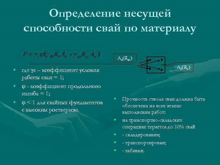 Определение несущей способности свай по материалу Аa(Raс) • где с – коэффициент условия работы