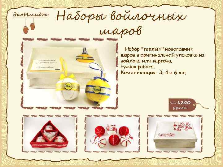 Наборы войлочных шаров Набор "теплых" новогодних шаров в оригинальной упаковке из войлока или картона.