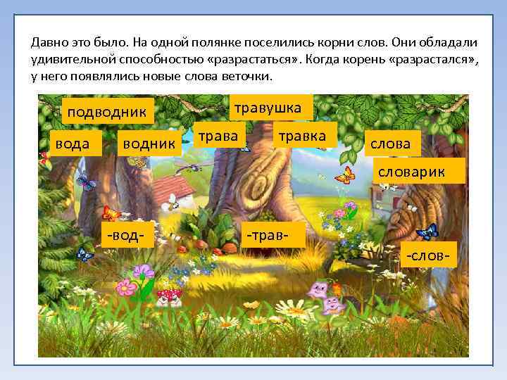 Давно это было. На одной полянке поселились корни слов. Они обладали удивительной способностью «разрастаться»