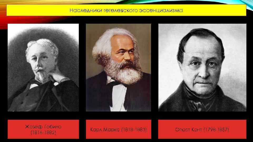 Наследники гегелевского эссенциализма Жозеф Гобино (1816 -1882) Карл Маркс (1818 -1883) Огюст Конт (1798