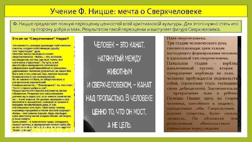 Учение Ф. Ницше: мечта о Сверхчеловеке Ф. Ницше предлагает полную переоценку ценностей всей христианской