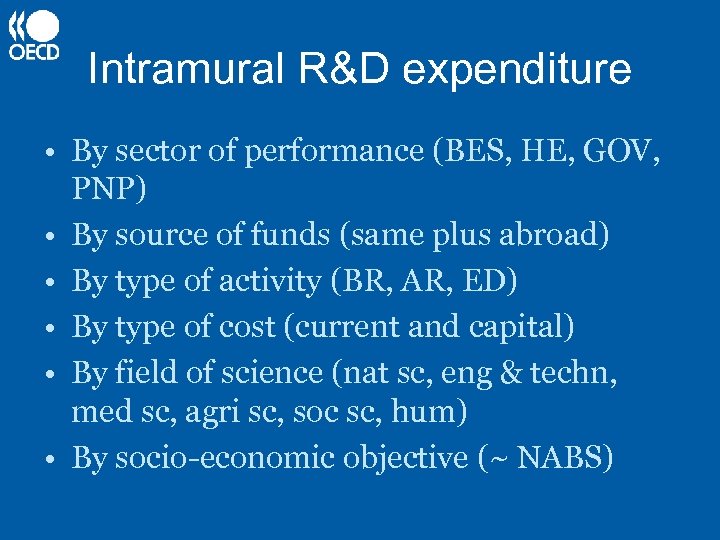 Intramural R&D expenditure • By sector of performance (BES, HE, GOV, PNP) • By