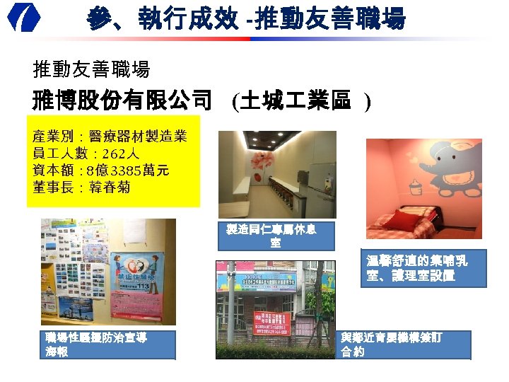 參、執行成效 -推動友善職場 雃博股份有限公司 (土城 業區 ) 產業別：醫療器材製造業 員 人數： 262人 資本額： 8億 3385萬元 董事長：韓春菊