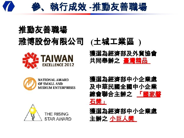 參、執行成效 -推動友善職場 雃博股份有限公司 (土城 業區 ) 獲選為經濟部及外貿協會 共同舉辦之 臺灣精品 獲選為經濟部中小企業處 及中華民國全國中小企業 總會聯合主辦之 「國家磐 石獎」