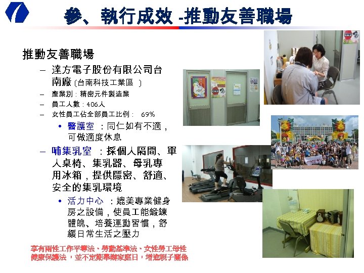 參、執行成效 -推動友善職場 – 達方電子股份有限公司台 南廠 (台南科技 業區 ) – 產業別：精密元件製造業 – 員 人數： 406人