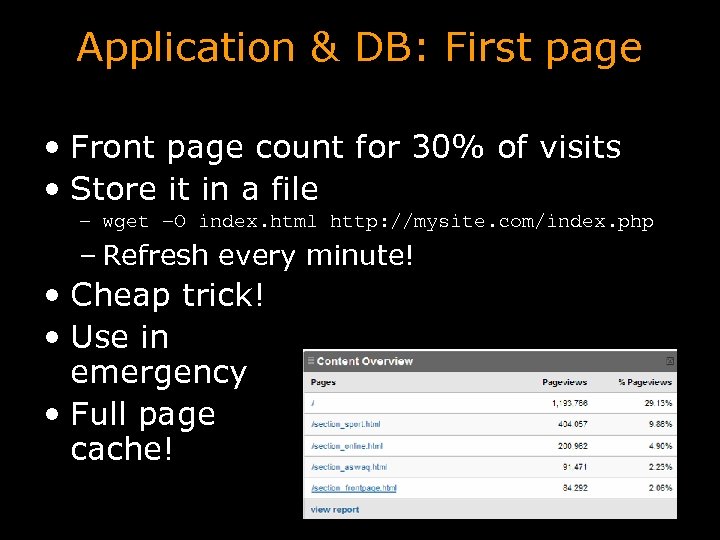 Application & DB: First page • Front page count for 30% of visits •