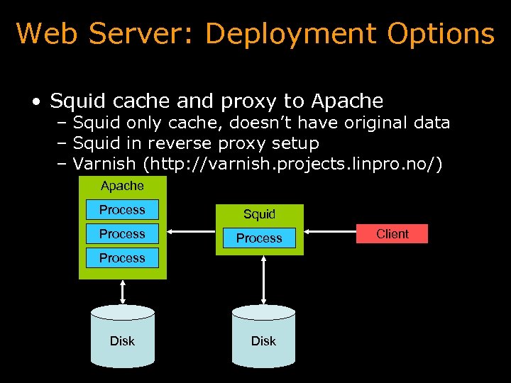 Web Server: Deployment Options • Squid cache and proxy to Apache – Squid only