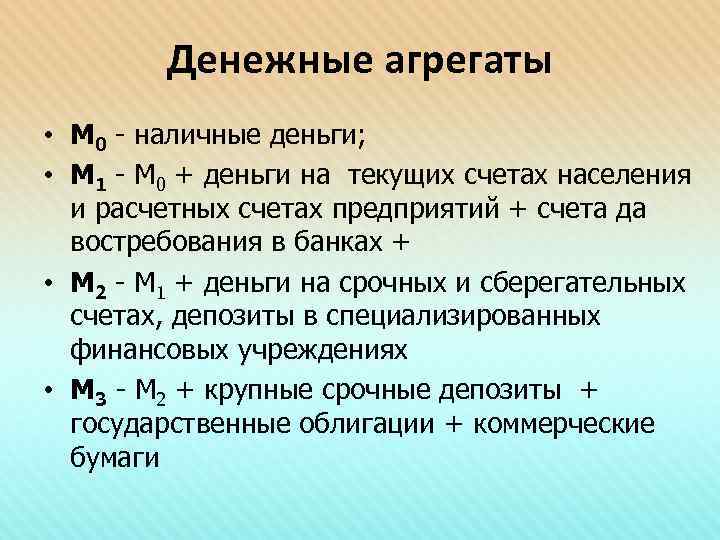 Денежные агрегаты • М 0 - наличные деньги; • М 1 - М 0