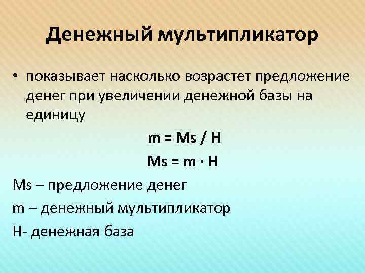 Денежный мультипликатор • показывает насколько возрастет предложение денег при увеличении денежной базы на единицу