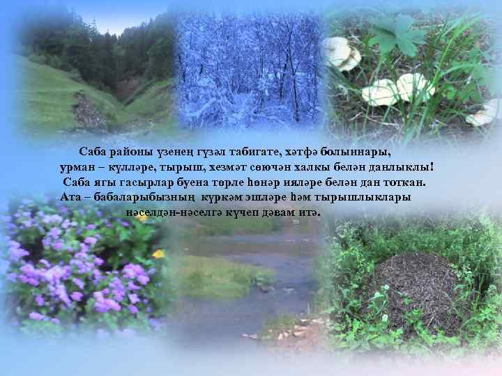 Саба районы үзенең гүзәл табигате, хәтфә болыннары, урман – күлләре, тырыш, хезмәт сөючән халкы