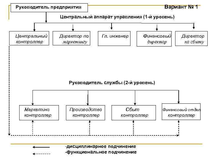 Вариант № 1 Руководитель предприятия Центральный аппарат управления (1 -й уровень) Центральный контроллер Директор