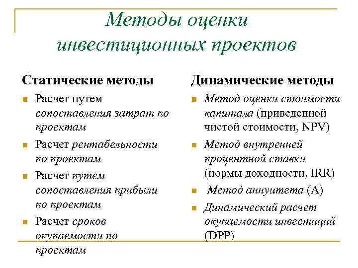 Методы оценки инвестиционных проектов Статические методы n n Расчет путем сопоставления затрат по проектам