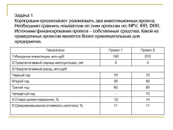 Задача 1 Корпорация предполагает реализовать два инвестиционных проекта. Необходимо сравнить показатели по этим проектам