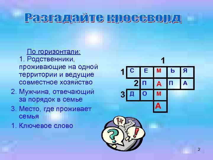 По горизонтали: 1. Родственники, проживающие на одной территории и ведущие совместное хозяйство 2. Мужчина,