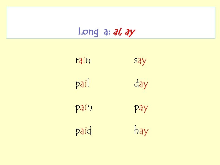 Long a: ai, ay rain say pail day pain pay paid hay 