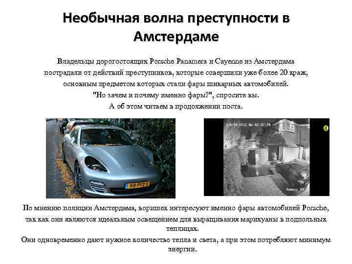 Необычная волна преступности в Амстердаме Владельцы дорогостоящих Porsche Panamera и Cayenne из Амстердама пострадали