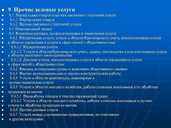 n n n n n n 9 Прочие деловые услуги 9. 1 Перепродажа товаров