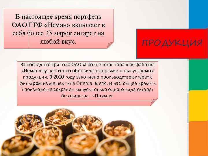 В настоящее время портфель ОАО ГТФ «Неман» включает в себя более 35 марок сигарет