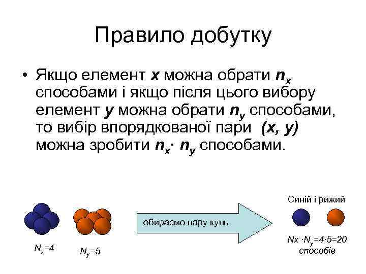 Правило добутку • Якщо елемент x можна обрати nx способами і якщо після цього