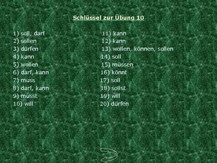 Schlüssel zur Übung 10 1) soll, darf 11) kann 2) sollen 12) kann 3)