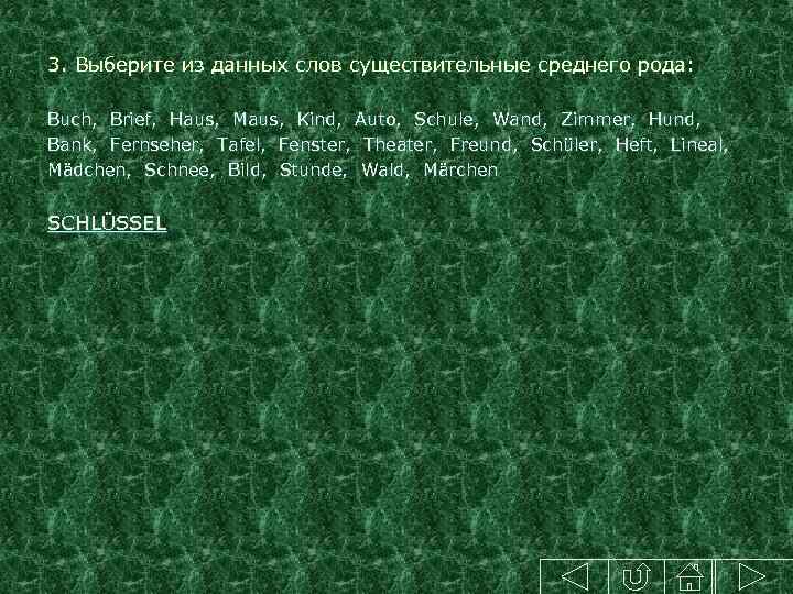 3. Выберите из данных слов существительные среднего рода: Buch, Brief, Haus, Maus, Kind, Auto,