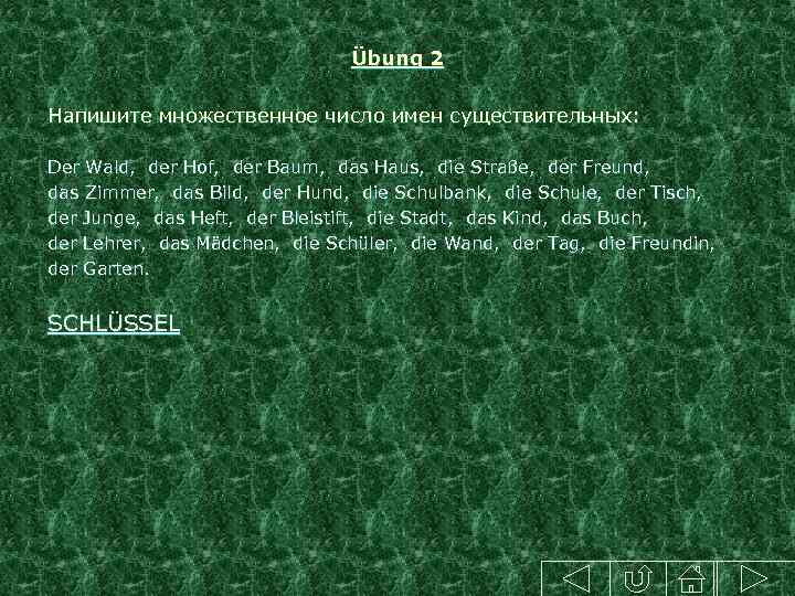 Übung 2 Напишите множественное число имен существительных: Der Wald, der Hof, der Baum, das