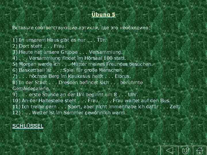 Übung 5 Вставьте соответствующие артикли, где это необходимо: 1) In unserem Haus gibt es