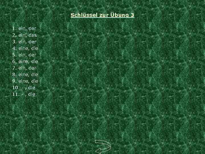 Schlüssel zur Übung 3 1. ein, der 2. ein, das 3. ein, der 4.