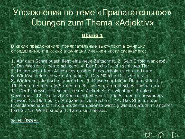 Упражнения по теме «Прилагательное» Übungen zum Thema «Adjektiv» Übung 1 В каких предложениях прилагательные