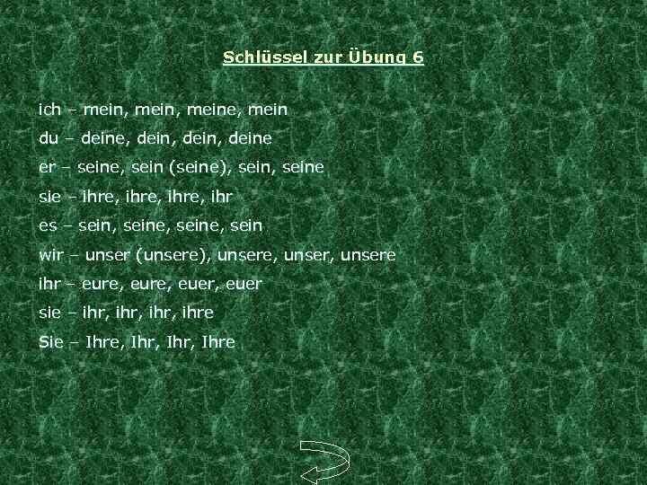 Schlüssel zur Übung 6 ich – mein, meine, mein du – deine, dein, deine